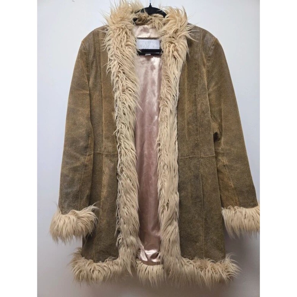Vintage Y2K Leather Penny Lane Coat Jacket Faux Fur Trim Hippie Boho sz Large
